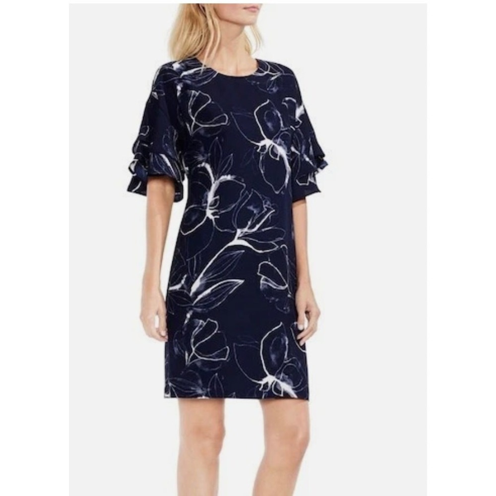Vince Camuto Dress Womens Size 6 Blue Floral Shift Ruffle Sleeve Wedding‎ Guest - Picture 3 of 9